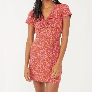 Free People Size Medium Pink Marsaille Mini Dress Leopard Print Wrap Front Tie